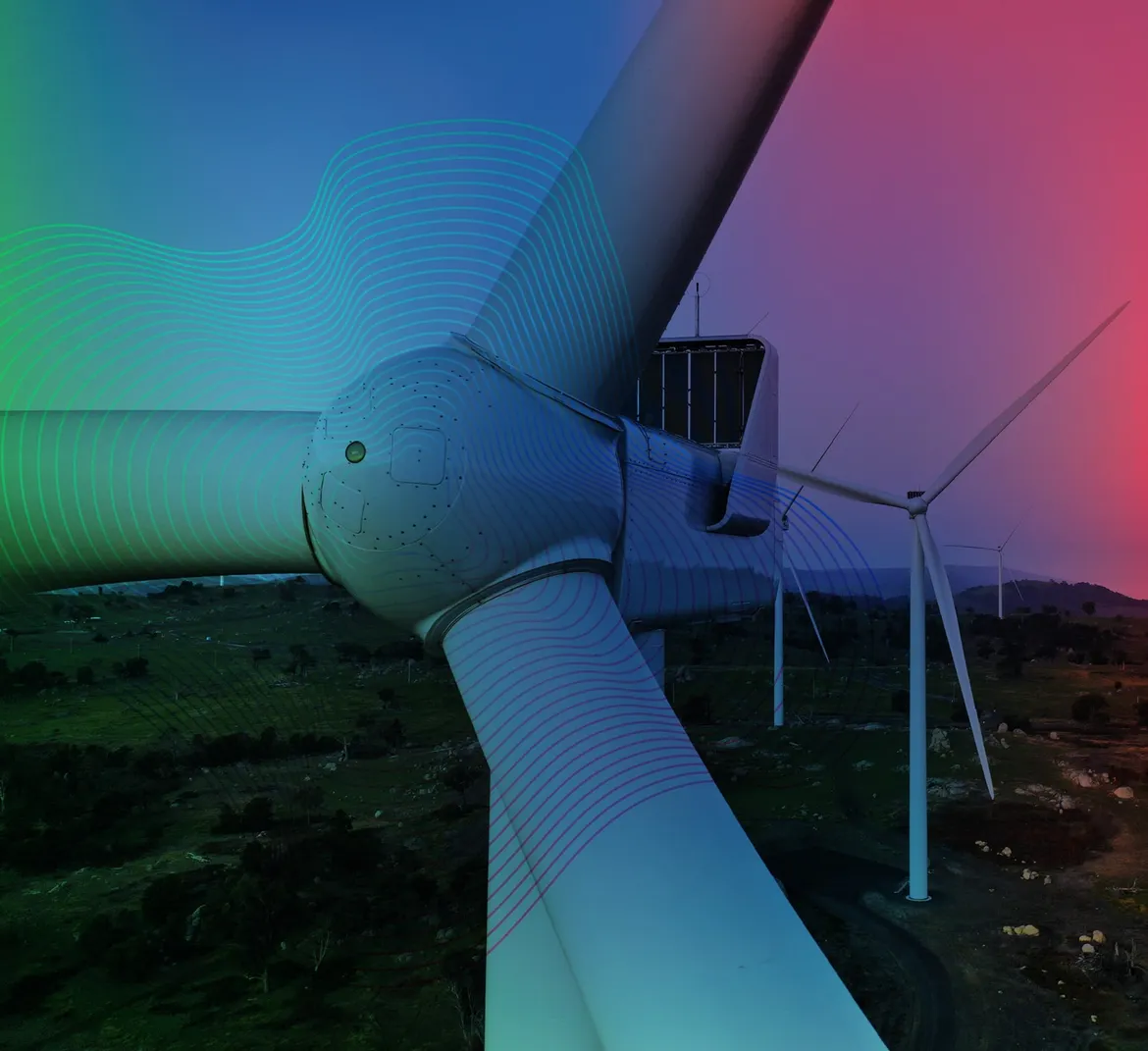 Wind turbine engineering and technical advisory Close-up of a wind turbine nacelle and rotor representing Evoegy’s renewable energy engineering, construction, due diligence and asset performance services.