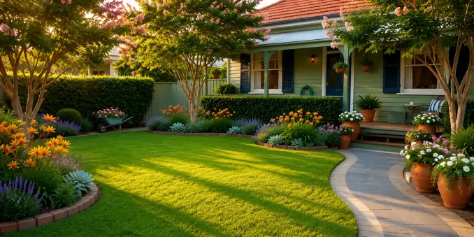 Beautifully maintained Melbourne west home garden with manicured lawn, colourful garden beds, trimmed hedges and curved pathway – My Lawn Man.