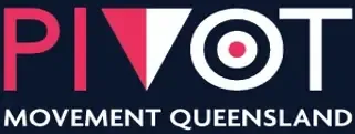 The logo for Pivot Movement Queensland displays the word “PIVOT” in modern stylized typography using pink, white, and navy colors. The design includes a downwar
